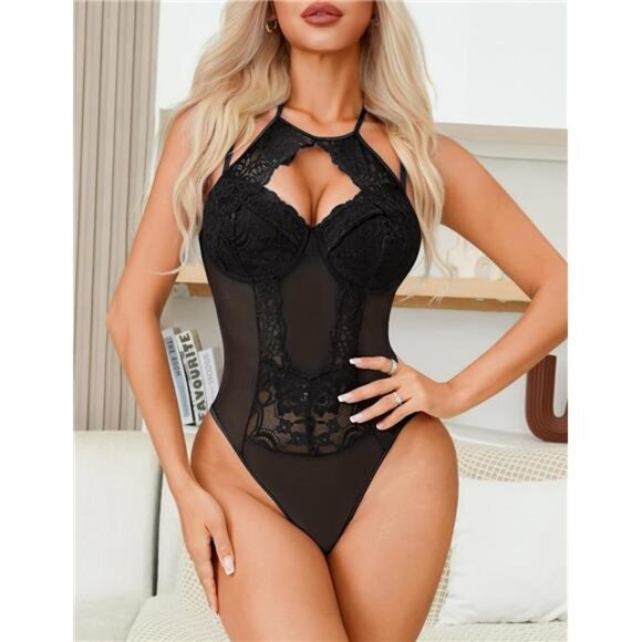 Women Teddy Lingerie Sexy Snap Crotch Lace Bodysuit Black - Picture 6 of 6